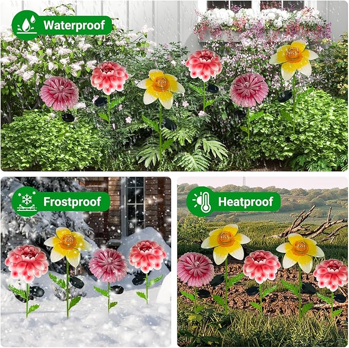 4Pcs 25" Solar Garden Decor for Outside, 3D Metal Flowers for Outside, Valentines Day Garden Stakes Decoration, Solar Lights Garden Decor, Yard Art for Lawn Patio Porch Gifts for Her