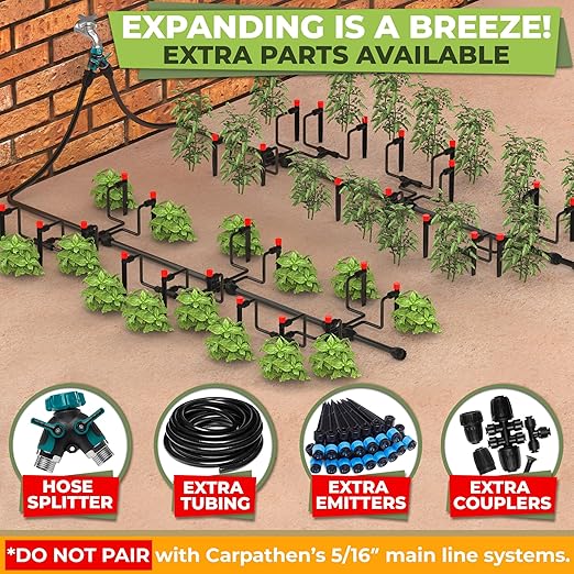 CARPATHEN Drip Irrigation System - Adjustable Quick Connect Irrigation System for Gardens up to 130ft, Raised Beds - Complete Garden Watering System - 1/4 Emitters, 1/2" and 1/4" Tubing and Connectors