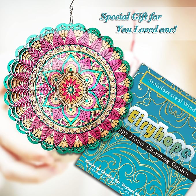 Wind Spinner Mandala Manjusaka Laser Cut Stainless Steel Wind Spinners for Yard and Garden Decoration 3D Kinetic Metal Art Ornament Hanging Wind Sculptures Outdoor Decor Creative Gifts Ideas