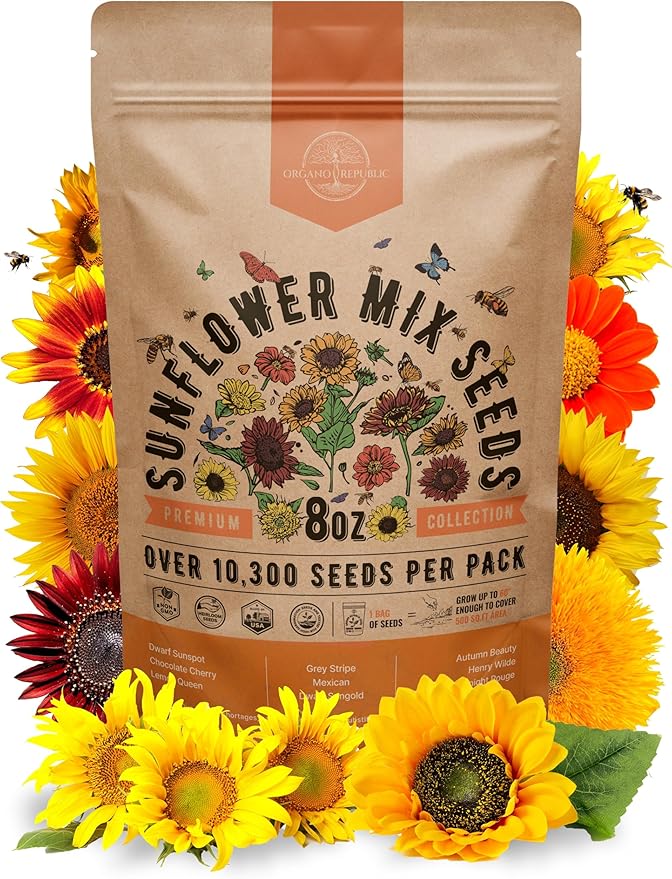 Sunflower Mix Seeds Pack 8 oz - Over 10,300 Non-GMO Heirloom Sunflower Seeds for Planting, Annual Flowers in Individual Seed Packet, Sunflower Seeds for Planting Home Garden Indoor & Outdoor Gardening