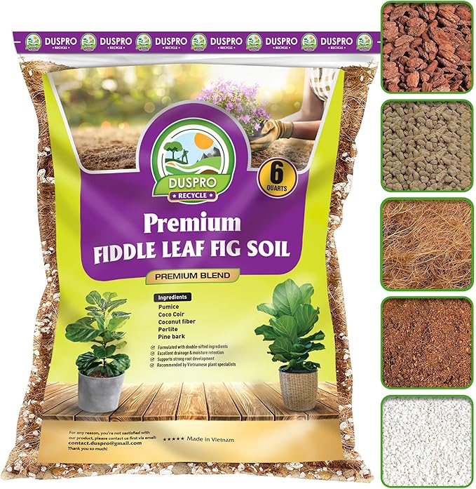 DUSPRO Recycle Fiddle Leaf Fig Soil Specialized for Fiddle Leaf Fig Plant Indoor 5-in-1 Pre-Mixed with Coco Coir, Coconut Fiber, Perlite, Pumice, Pine Bark Ready-to-Use Handmade Mix Drainage 6 QRT