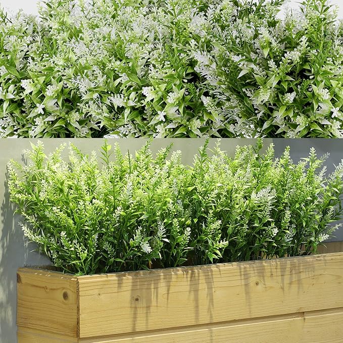 12 Bundles Artificial Lavender UV Resistant Plants Outdoor Faux Flowers Shrubs for Floral Arrangement, Table Centerpiece, Home Garden Decor (White)
