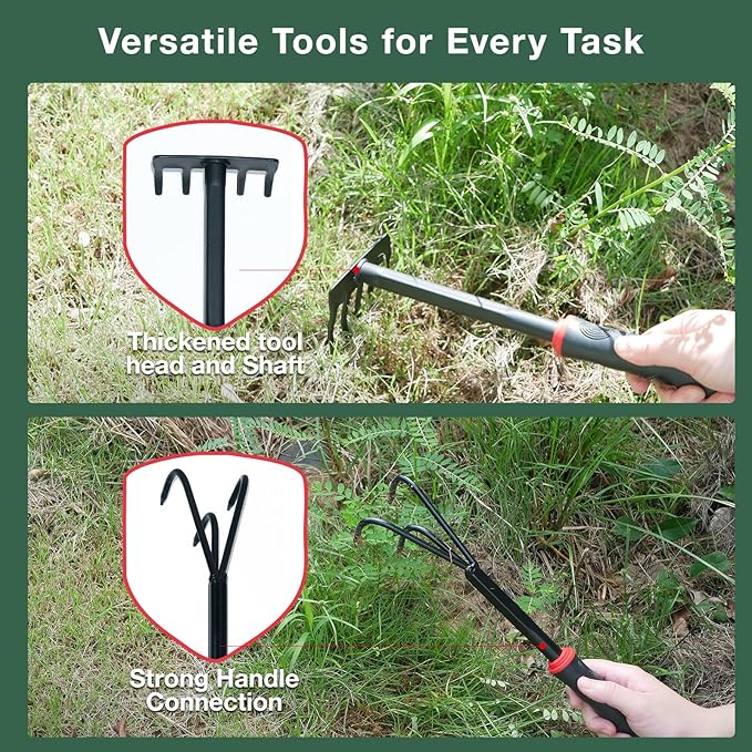 Gardening Tools Set, 6 Pieces Heavy Duty Rust-Proof Gardening Tool Kit, Ergonomic Soft Rubber Handles, Includes Trowels, Rakes, Weeding Tool, and Hand Fork for Digging, Planting, Weeding