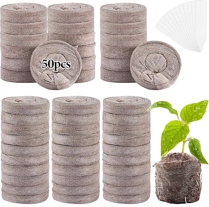 50mm Peat Pellet for Seedling - 50pcs Seeds Plant Starter Plugs, Compressed Nutrient Fiber Garden Soil Block with 50 Labels, Plant Pods Bulk for Transplanting Herb Flower Vegetables