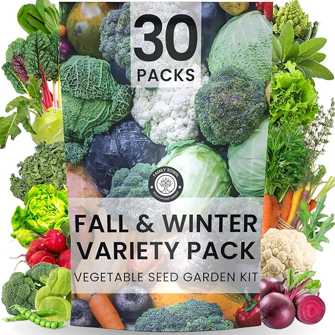 Fall & Winter Seed Variety Pack | 30 Invidiual Packs | 2025 Season | Non-GMO | Beets, Arugula, Carrots, Lettuce & More! | for Planting Indoor & Outdoor | by Family Sown