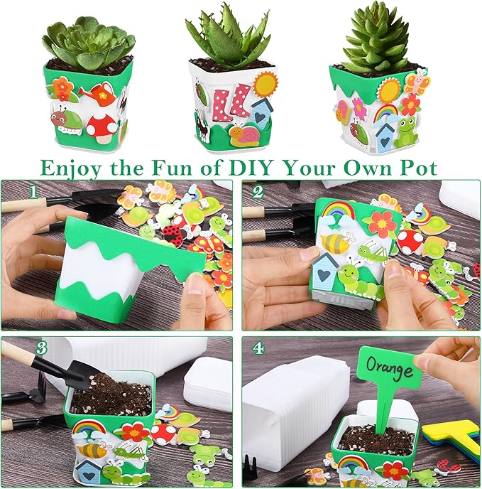 Elcoho 36 Set Garden Plastic Pot Craft Kit Plant Spring Craft Kits for Kids Flower Pots with 150 Foam Stickers 36 Labels 24 Certificate of Awards 3 Tools Planting Growing Kit for Kids, White