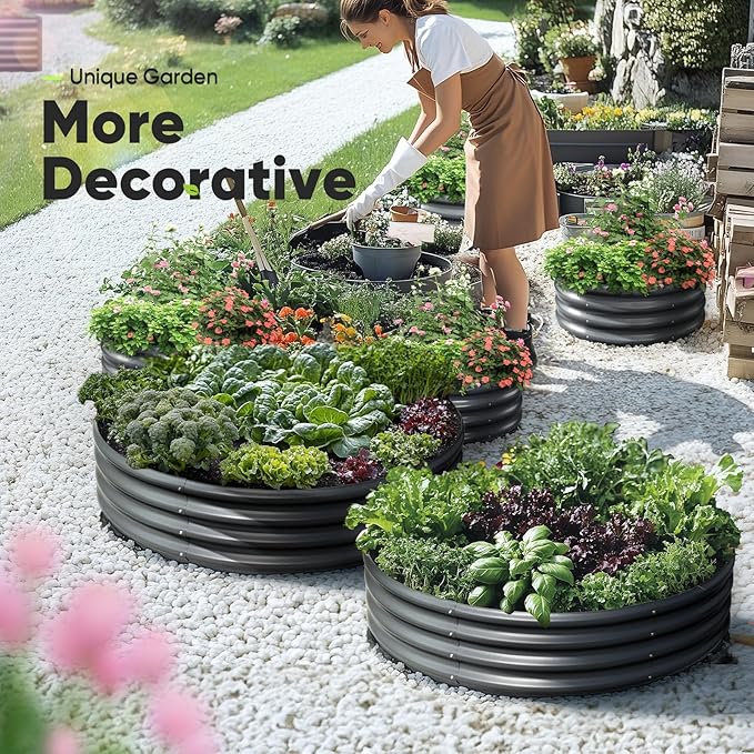 KING BIRD Raised Garden Bed Galvanized Round Planter Box Outdoor for Gardening, Plants, Vegetables, Flowers, Dark Grey, 47x47x12 in