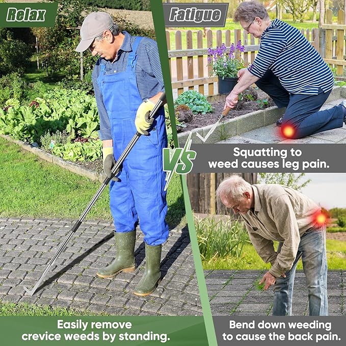 Crack Weeder Manual, Crevice Weeding Tool, Weed Remover Puller Tool with 30”-60” Adjustable Long Stainless Steel Handle for Sidewalk Deck Paver Boards Crack, Crevice Weed Cleaning Gardening Tool