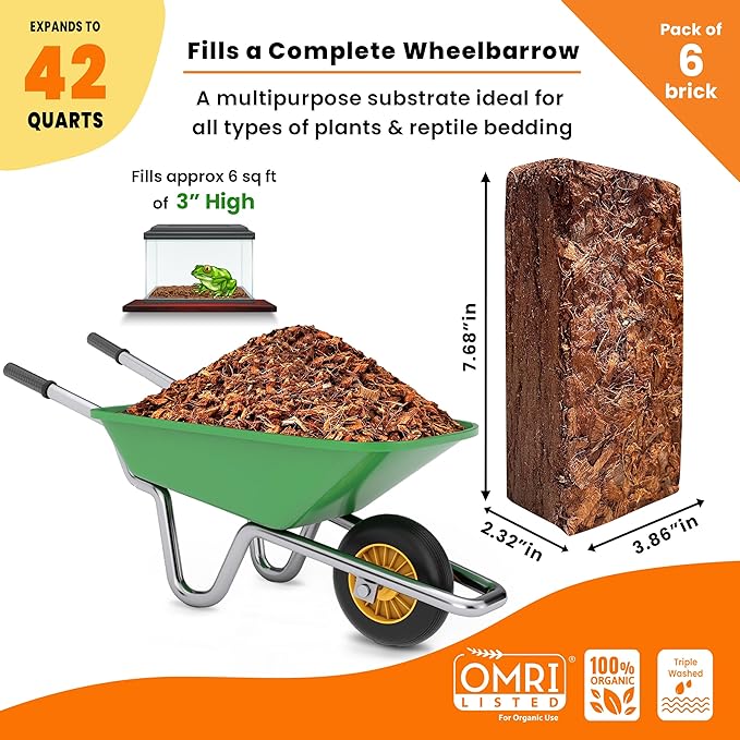 Gro-Med Coco Husk Chips Brick 6-Pack Expands Upto 42 Quarts Coconut Coir Chip 6.6lb, Perfect for Plants, Gardening, Potting Soil Mix, Orchid Bark Alternative - OMRI Certified, Low EC, Balanced pH