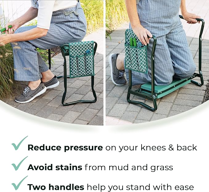Abco Tech Garden Stool & Kneeler - Kneeler & Stool for Gardening, Foldable Garden Seat for Storage, Garden Kneelers for Seniors, Great Gardening Gifts for Women, Bench Comes with Tool Pouch & Gloves