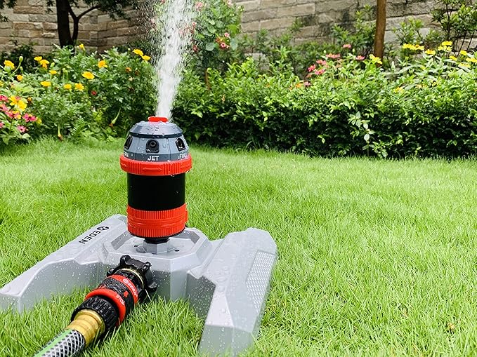 Eden 96122 Metal Adjustable 6-Pattern Mobile Rotary Gear Drive Garden Sprinkler for Yard W/Quick Connect Starter Set, Waters up to 80 ft. in Diameter