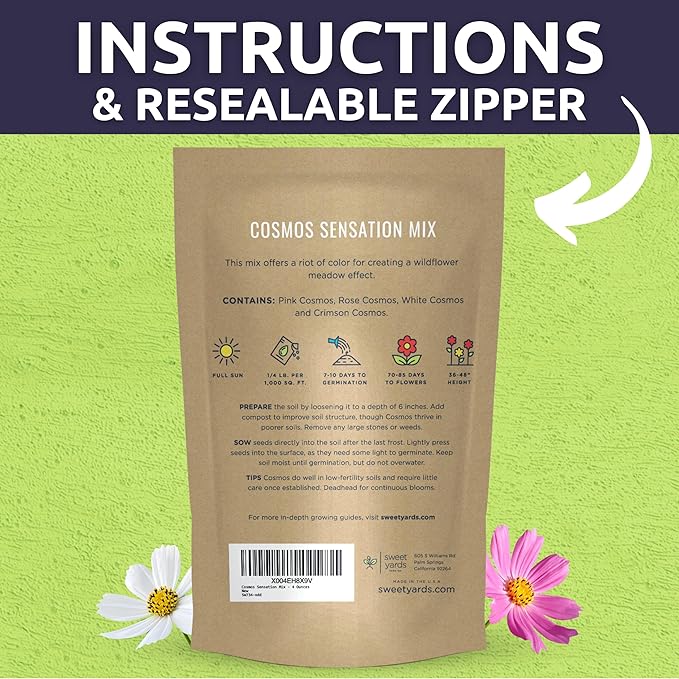 Cosmos Sensation Mix - Bulk 1/4 Pound Pouch - 15,000 Flower Seeds for Planting - Cosmos bipinnatus