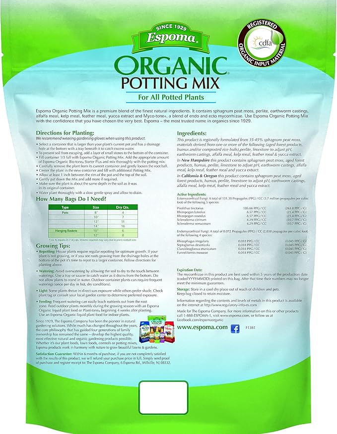 Espoma Organic Potting Soil Mix - All Natural Potting Mix For All Indoor & Outdoor Containers Including Herbs & Vegetables. For Organic Gardening, 8qt. bag. Pack of1
