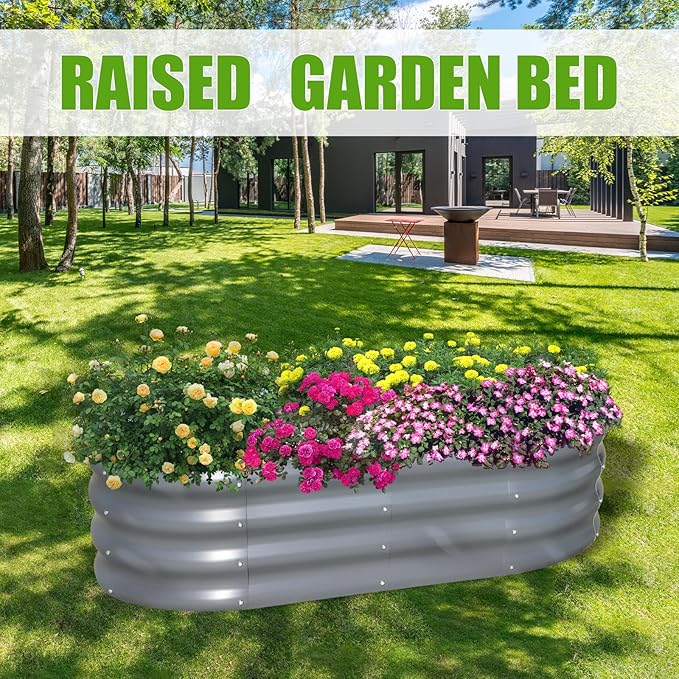 SnugNiture Galvanized Raised Garden Bed, 4x2x1ft Oval Metal Planter Box for Planting Outdoor Plants Vegetables