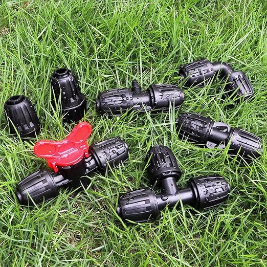 24 Pcs 1/2 Inch Drip Irrigation Fittings Kit, 1/2 Inch Drip Tubing (0.60"-0.65" OD) Parts Including 4 Tees 5 Couplings 4 Elbows 4 Reducing T 4 Plugs 2 Valves 2 Threaded Faucet Adapter