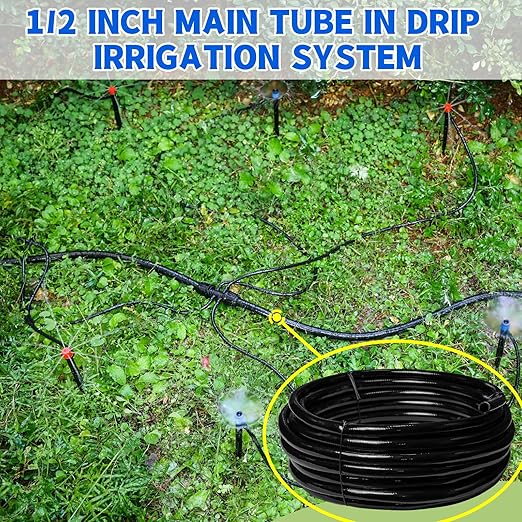 50 FT 1/2 Inch Drip Irrigation Tubing Main Drip Line Hose Tube for Garden Watering Landscape Irrigation System (Includes 2 pack 6-Way Connector and 1/2" Straight Connector)