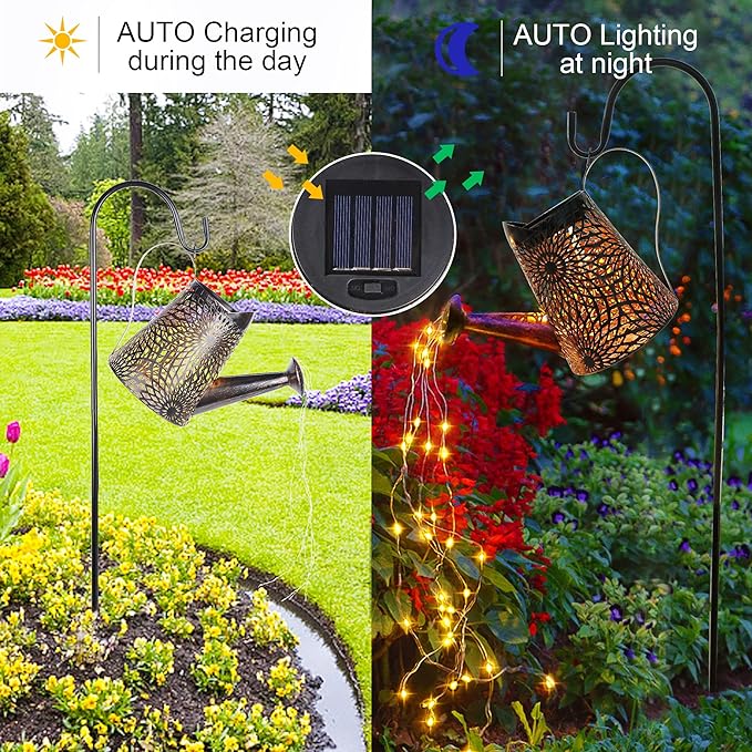 Glintoper 2 Pack Outdoor Solar Watering Can Garden Lights, Metal Waterfall Figurine Lights with Shepherd Hook, Decorative Yard Art for Mom, Mothers Day Ideal Gifts, for Patio Walkway Pathway Lawn