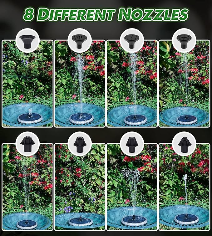 Solar Fountain Matte Panel with 4000 mAH Battery, 4W Bird Bath Fountains Solar Power with 8 Nozzles, Floating Solar Fountain Pump for Bird Bath, Garden, Pond, Outdoor (Color Change)