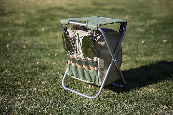 ONIVA - a Picnic Time brand Gardener Folding Seat with Tools, Garden Stool with Detachable Storage Tote Bag, Portable Chair Seat with Garden Tools Set Organizer, Olive Green with Beige Accents