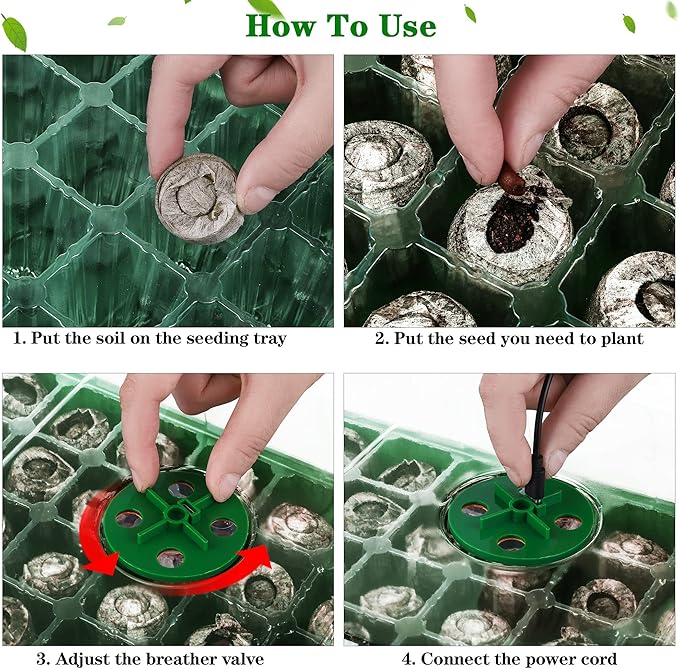3 Pack Seed Starter Tray Kit with Grow Light Germination Trays with Humidity Dome, 120 Peat Pellets, Gardening Tools, Plant Labels, Plant Growing Trays for Seeds Growing Starting, Green