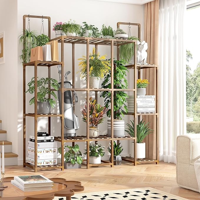 EnHomee Plant Stand Indoor for Multiple Plants with 13 Potted & Double Rod for Hanging Plant Shelf Load-Bearing 570 LBS Wood Plants Shelves 56''W*11.6''D*47''H Transformable