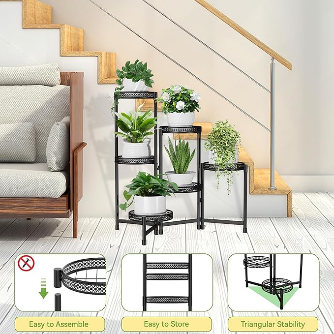 6 Tier Metal Plant Stand Indoor,31.5in Tall Corner Plant Stands Outdoor,Black Folding Tiered Flower Display Holder Rack Shelf Patio Garden Multiple Plants