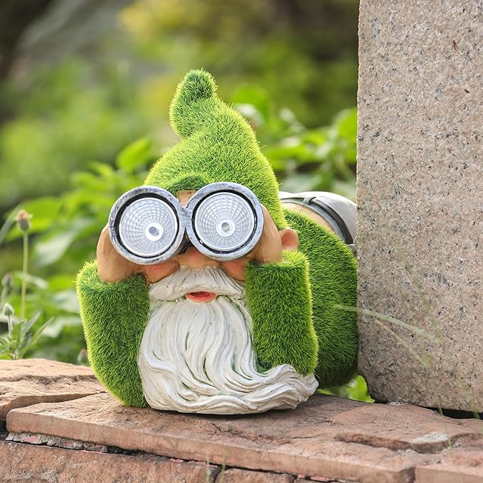 TERESA'S COLLECTIONS Funny Christmas Resin Outdoor Decorations for Yard with Solar Lights, Large Cute Flocked Garden Gnomes for Front Porch Patio, Ideal Gift for Women and Man 7.1"