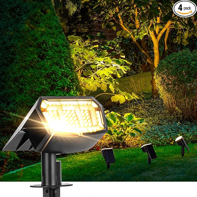 Solar spotlights Outdoor 63 LED 3 Lighting Modes, IP65 Waterproof Lighten Yard Garden House Garage Pathway for Christmas Decorations-4 Pack