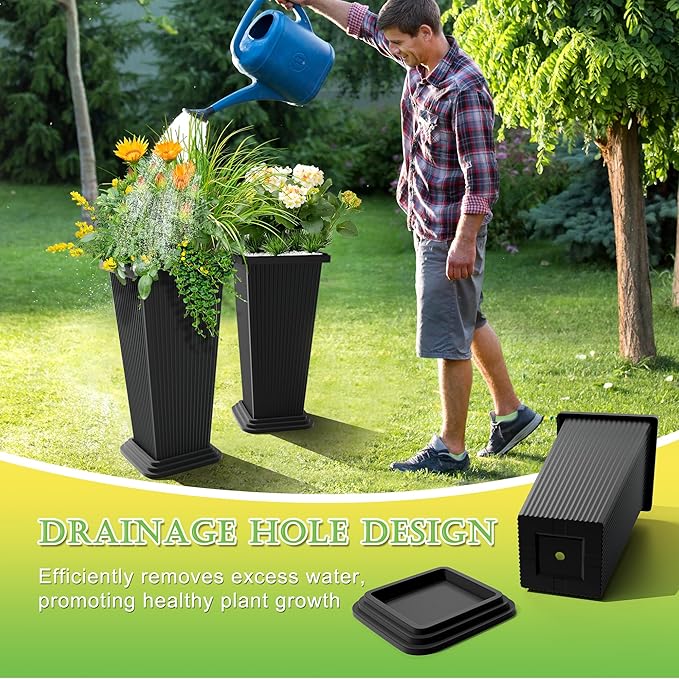 Set of 2 Large Tall Planter for Indoor or Outdoor 24" Tall Flower Pots Tapered Tall Planters with Tray for Porch, Patio, Backyard, Large Planters for Outdoor Indoor Plants(Black,Striped)