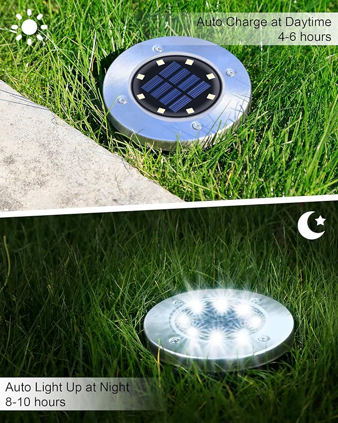 UFOND 8 Pack Solar Ground Lights, Outdoor Waterproof Solar Garden Lights Decor, Disk Solar Deck Lights, Landscape Lighting for Patio Pathway Yard,Outdoor Lights (Cold White)