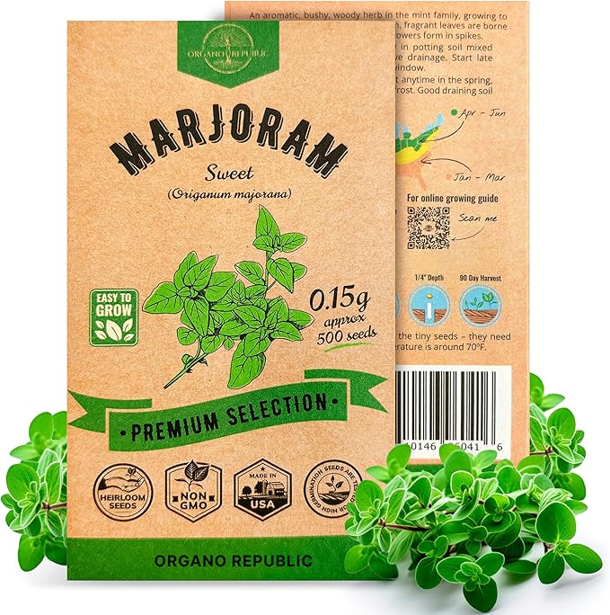 Marjoram Seeds Pack 0.15 G - Over 500 Non-GMO Heirloom Marjoram Seeds for Planting Herbs in Individual Seed Packet, Herbs Seeds for Planting Home Garden Indoor & Outdoor Gardening