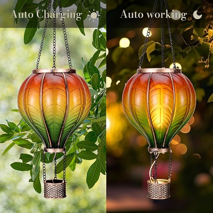 TERESA'S COLLECTIONS 2 Pack Hanging Solar Lantern Outdoor Garden Decor for Valentine ,Waterproof Plastic Hot Air Balloon Orange Flickering Flame Effect Lantern for Yard Tree,Gift for Mom,18"
