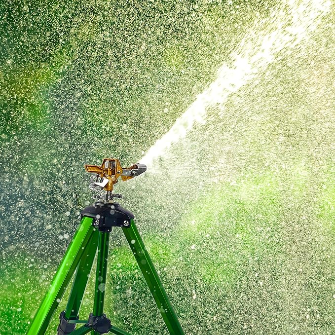 Impact Sprinkler on Tripod Base, Tripod Sprinklers with Brass Head, 360 Degree Large Area Irrigation with Extension Legs Flip Locks, Heavy Duty 3/4" Connector for Lawn Yard Garden