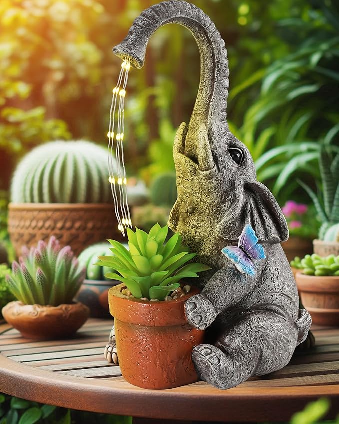 Solar Powered Resin Elephant Garden Statue with Water Fountain Light - Durable Outdoor Decor for Patio and Lawn - Unique Elephant Gift for All Ages