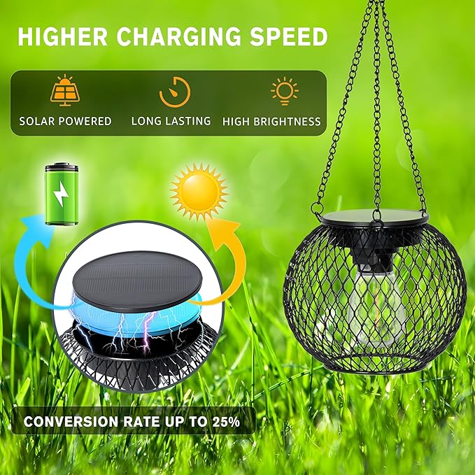 Solar Lanterns Outdoor, 2 Pack Brighter Metal Solar Hanging Lanterns, IP65 Waterproof Solar Lights Outdoor, Gardening Gifts & Decor for Garden Yard Patio Pathway