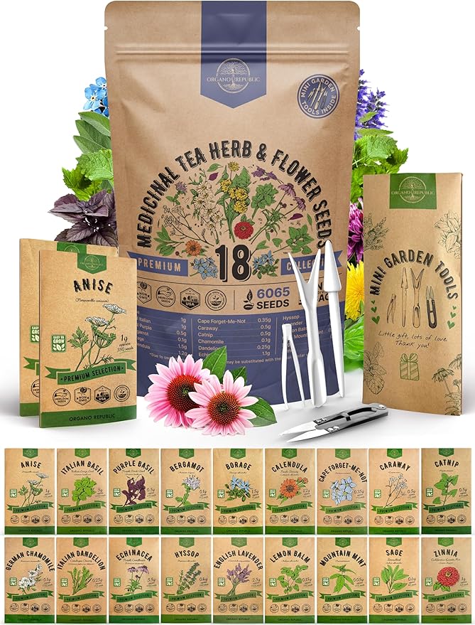 18 Medicinal Tea Herb & Flower Seeds Variety Pack - 6,100+ Non-GMO Heirloom Flower Seeds for Outdoor and Indoor Home Gardening, Including Anise, Borage, Catnip, Chamomile, Dandelion, Lavender, Sage