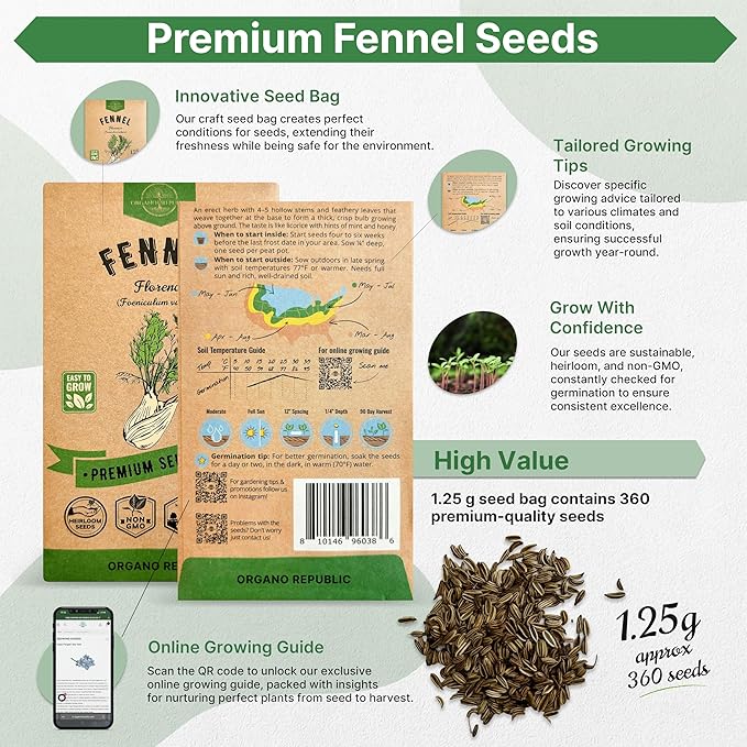 Fennel Florence Seeds Pack 1.25 G - Over 360 Non-GMO Heirloom Fennel Seeds for Planting Herbs in Individual Seed Packet, Herbs Seeds for Planting Home Garden Indoor & Outdoor Gardening