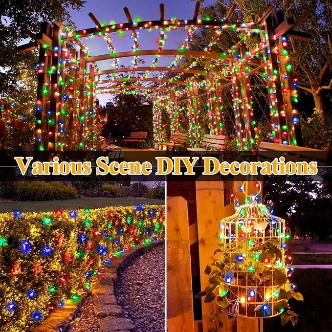 Ollny Solar String Lights Outdoor, 66FT 200LED Solar Fairy Lights with 8 Modes, IP67 Waterproof for Outside Yard Garden Patio Camping Party, Multicolor