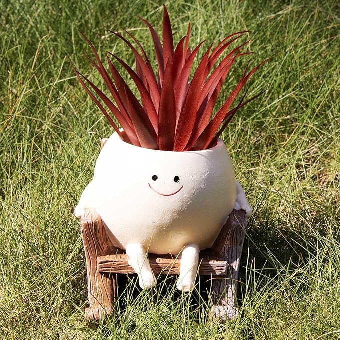 Smiley Face Planter Pot, Cute Resin Smile Face Flower Head Plant Pot, Creative Flower Pot for Indoor Outdoor Plants, Funny Home Decoration (Rocking Chair)