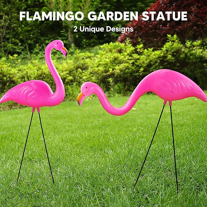 JOYIN Set of 2 Small Pink Flamingo Yard Ornament Stakes Mini Lawn Plastic Flamingo Statue with Metal Legs for Sidewalks, Outdoor Garden Decoration, Luau Party, Beach, Tropical Party Decor, 2 Styles