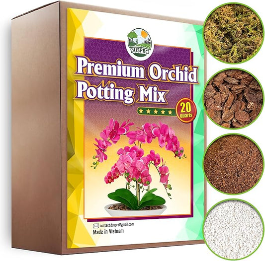 DUSPRO Orchid Potting Mix for Repotting with Moss Pine Bark Mulch Perlite & Coco Peat Natural Ingredients, Orchid Bark Potting Mix, Orchid Repotting Kit Drainage Indoor Potting Medium Great 20QT