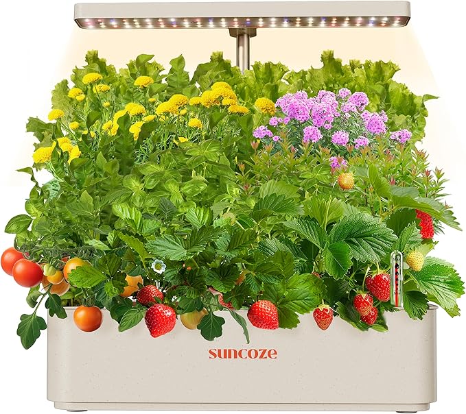 Hydroponics Growing System Kit 12 Pods, 24W LED Grow Light Indoor Garden, 4L Water Tank with Quiet Pump, Adjustable Height Herb Garden Planter Indoor Kit, Gardening Gifts, Beige