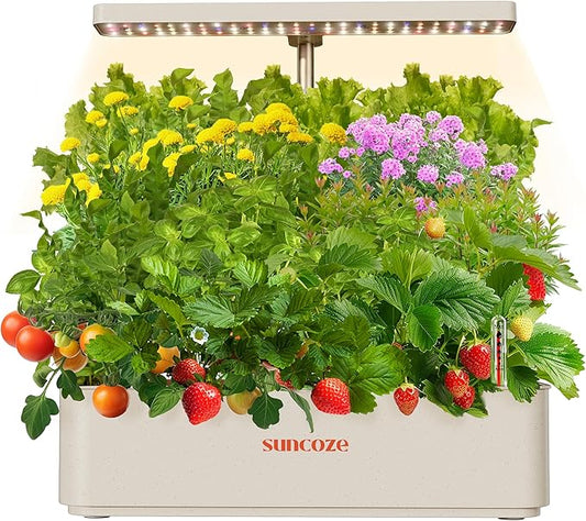 Hydroponics Growing System Kit 12 Pods, 24W LED Grow Light Indoor Garden, 4L Water Tank with Quiet Pump, Adjustable Height Herb Garden Planter Indoor Kit, Gardening Gifts, Beige