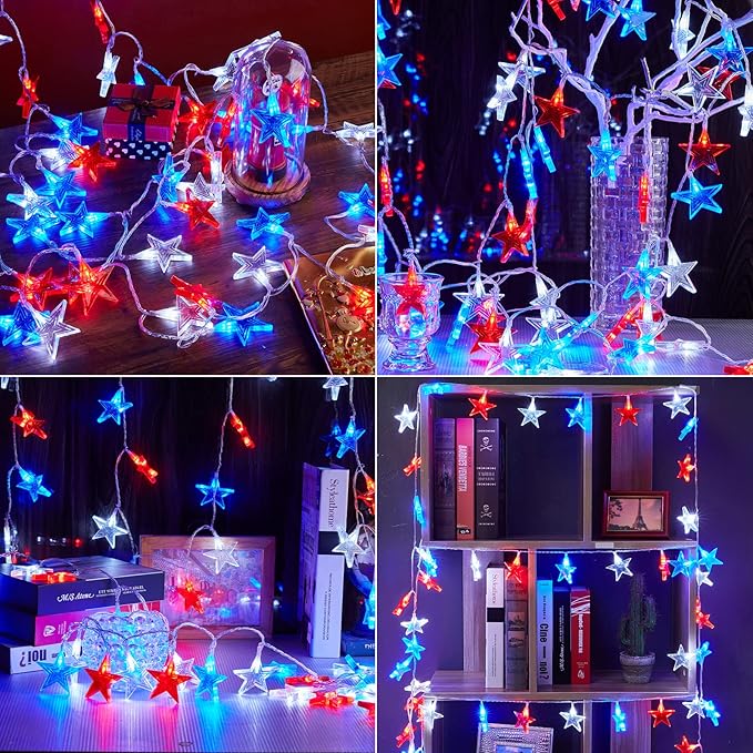 4th of July Decorations Red White Blue Lights with 60Led Big Stars, Solar Powered Rechargeable Independence Day Lights for Indoor Outdoor Home Garden Golf Cart Patriotic Theme Memorial Day Decorations
