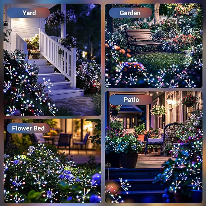 Solar Garden Decor Lights Outdoor, Solar Powered Lights Waterproof for Yard Patio Porch Flowerbed, Fairy Gardening Supplies Gifts Firwork(8 Pack Multi-Colored)