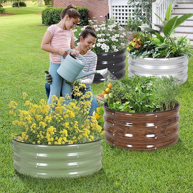 Galvanized Raised Garden Bed- 2Pcs 2x2x1FT Metal Planter Boxes Outdoor | Round Steel Raised Bed Kit & Fire Pit Ring for Gardening with Protective Tape, Gloves for Vegetables, Flower (Grey)