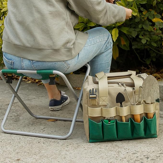 Folding Gardening Stool with Detachable Storage Tote Bag, Multifunctional Gardening Tools Set Organizer for Fishing and Camping,Portable Garden Chair Seat for Adults,Without Tools (Green)