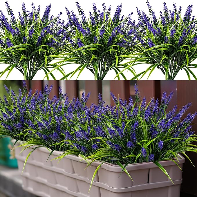 Artificial Flowers for Outdoor Plants 24 Bundles Fake Lavender Plastic Faux Monkey Grass for Verandah Window Garden Office Patio Front Porch UV Resistant for Planter(Purple)