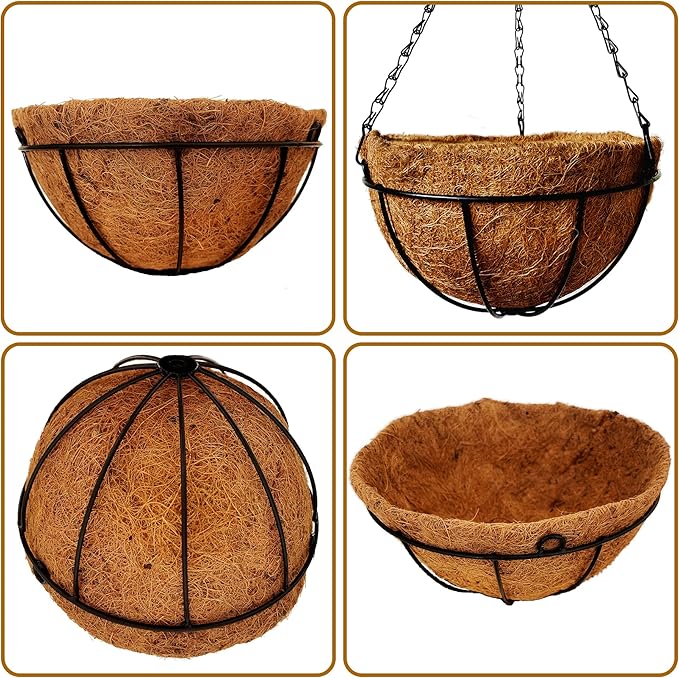 4 Pack 10 inch Metal Hanging Planters Basket with Coco Coir Liner Outdoor-Hanging Baskets for Plants Outdoor,Metal Wire Baskets with Window Box Planters, Hanging Flower Pots for Railings