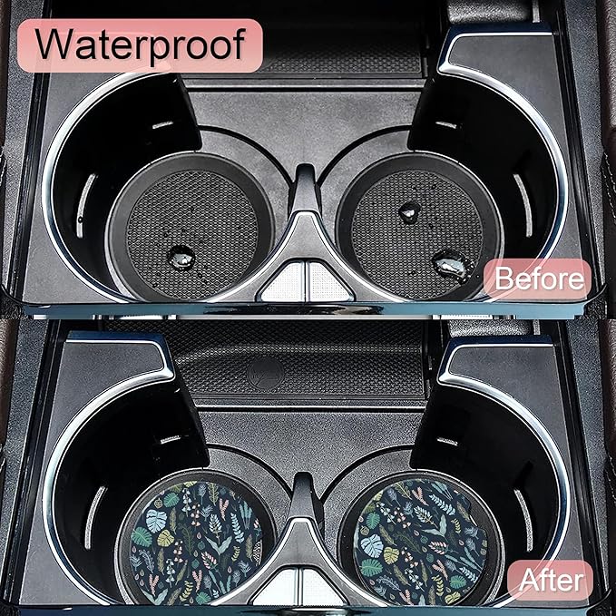 Forest Plants Leaves Seeds Car Coasters,Ceramic Absorbent Cup Holders with Finger Notch & Cork Base Car Assecories for Women/Men 2.6"(2 Pieces)